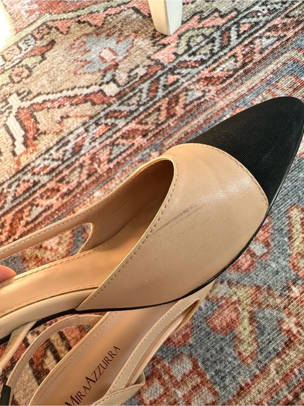 Mira Azzurra Size 9 Nude Black Cap Toe Slingback Block Heel Pumps